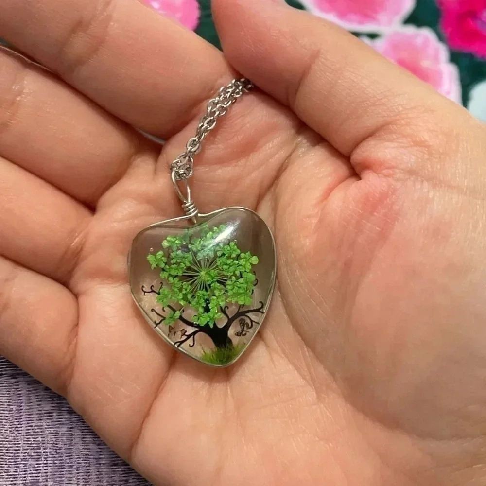 Resin Flower Pressed & Tree Heart Pendant Charm Stainless Steel Necklace